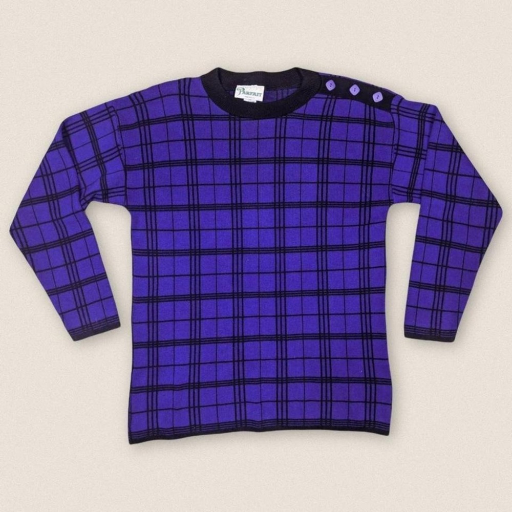 Vintage 80s Plaid Grid Purple‎ Black Grandma Sweater Parfait - Size Medium